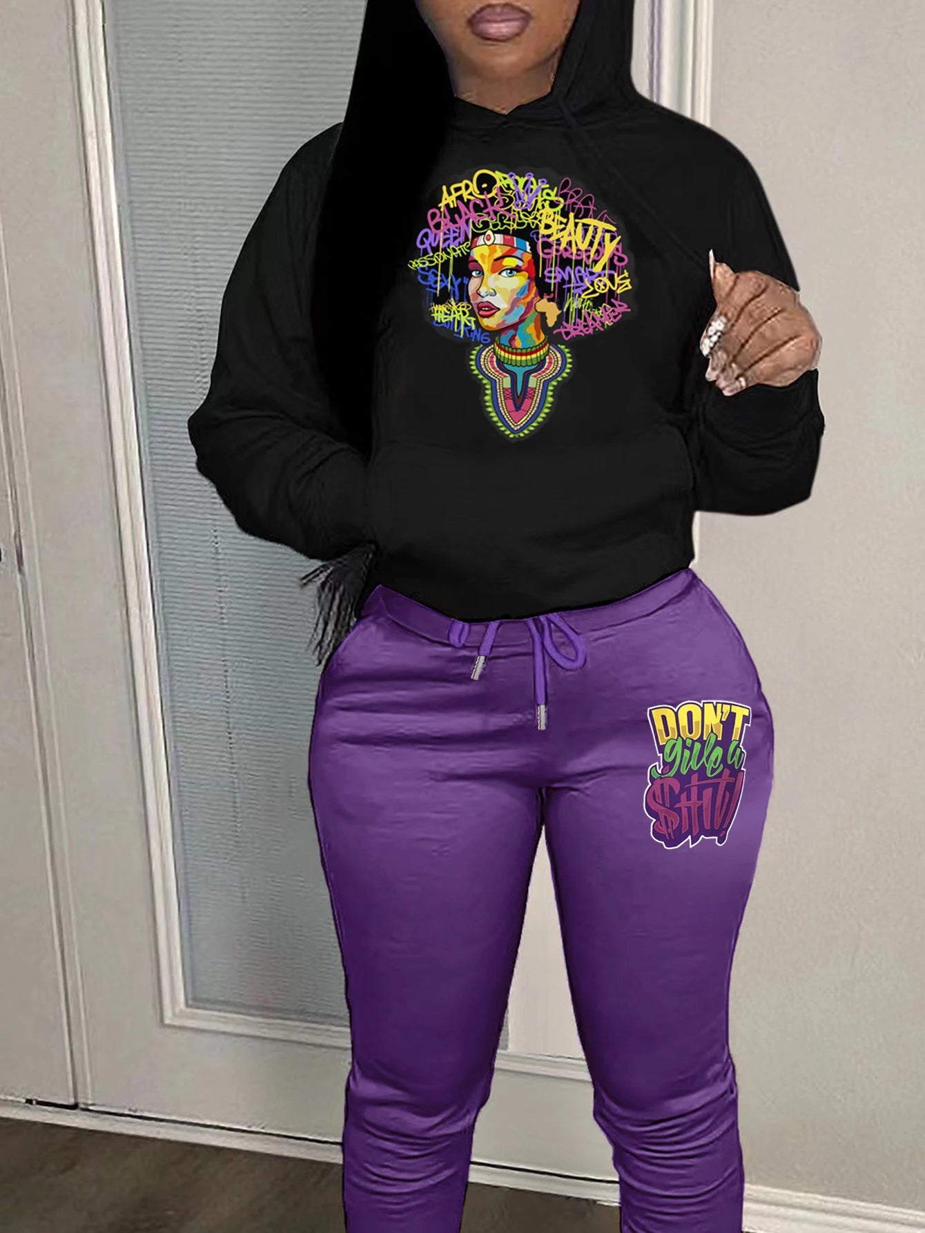 Plus Size Autumn & Winter Letter Print Color Block Hooded Sweatshirt Set Daily Casual Long Sleeve Female Tracksuit Set