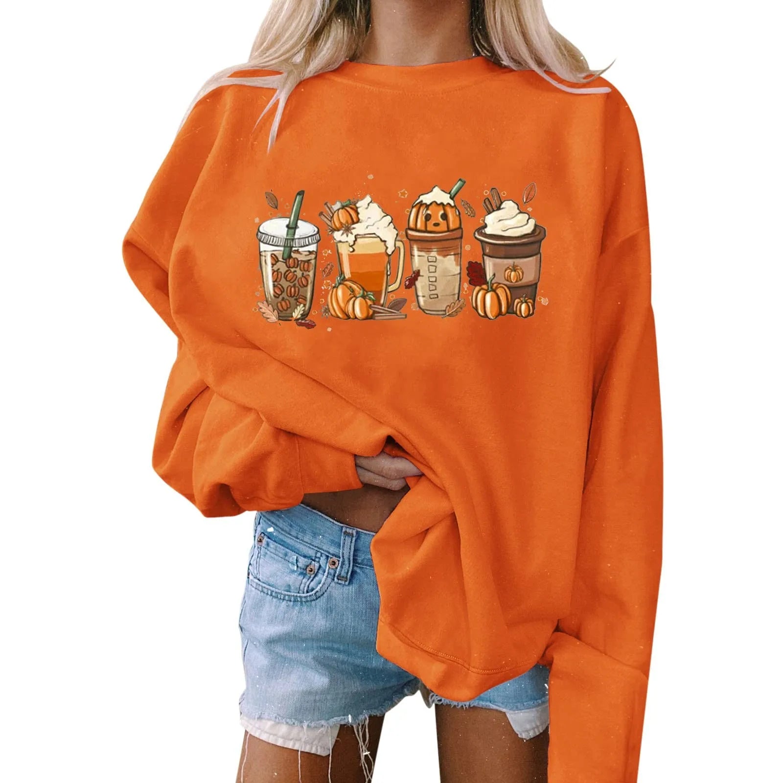 Women's Halloween Sweatshirt Colored Spooky Four Pumpkins Funny Autumn Women Long Sleeve Jumper Halloween Pullovers Top