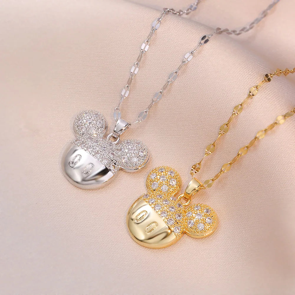 Disney Cartoon Mickey Minnie Mouse Zircon Pendant Necklace for Women Girl Stainless Steel Chain Sweet Gift for Friends Kids