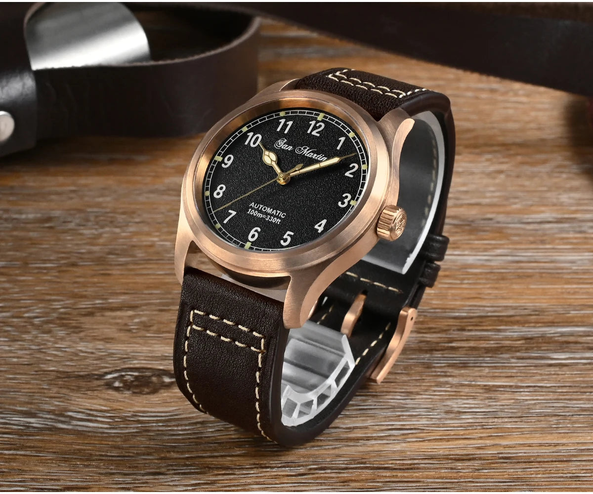 San Martin 37mm Pilot Men Watch YN55 Cusn8 Bronze Vintage Military Simple Style Automatic Mechanical Leather 100M Waterproof