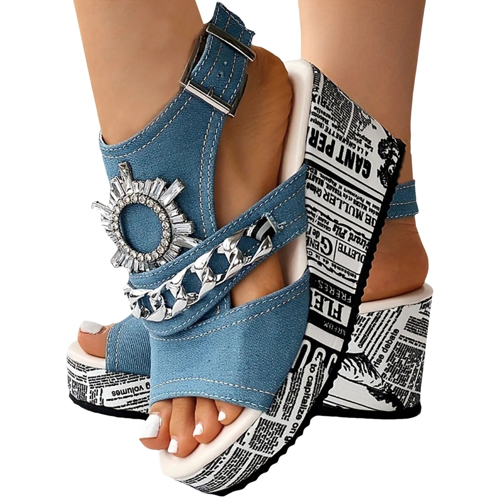 Summer Sandals Women 2024 Large Size Wedge Heel Denim Round Head Fish Mouth Sandals Comfortable Versatile Women Sandals On Offer