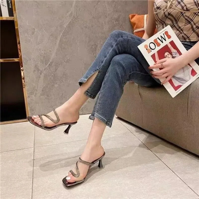 Water Diamond Slippers for Women 2024 Summer New Fashion Thin Heeled Slides Transparent Fashion Comfort High Heel Shoes 35-42