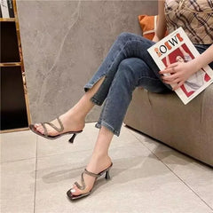 Water Diamond Slippers for Women 2024 Summer New Fashion Thin Heeled Slides Transparent Fashion Comfort High Heel Shoes 35-42