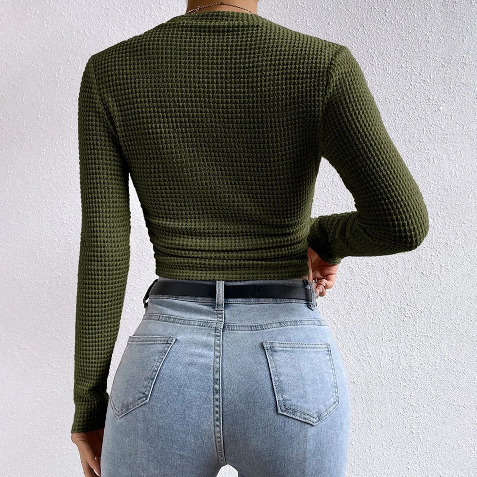 Women'S Solid Color Knit Pleated Side Long Sleeve T-Shirt Long Sleeves Solid Slim Tees All Match Basic Tops Undershirt 2024