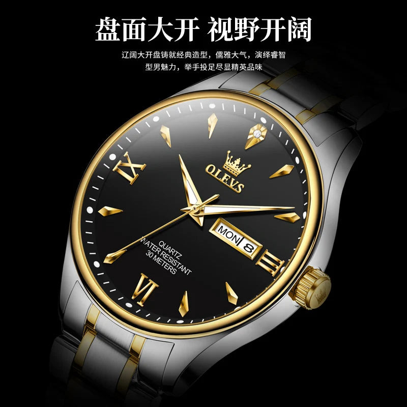 OLEVS Fashion Brand Original Men's Watches Week Calendar Luminous Quartz Watch for Men Waterproof Stainless Steel Strap Business