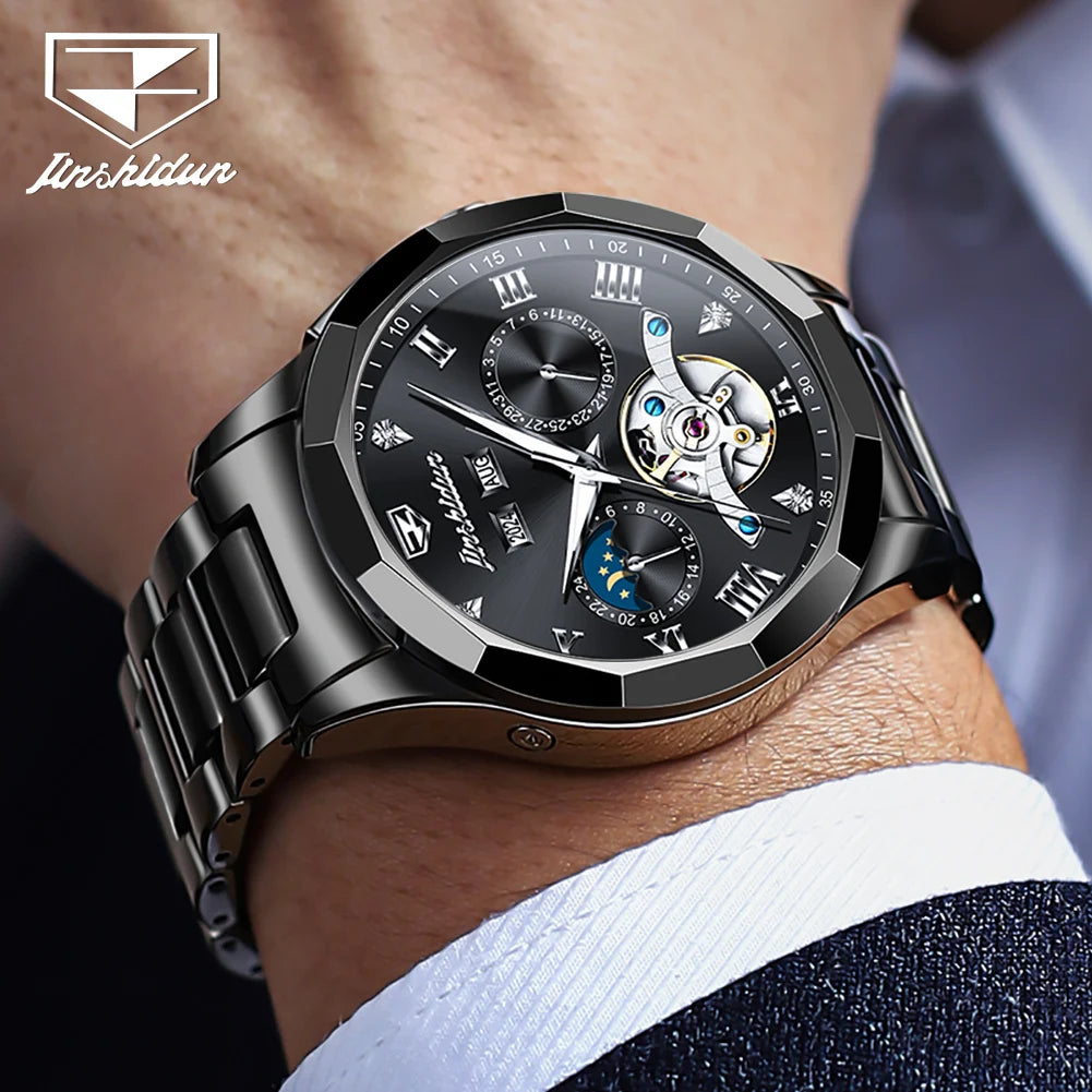 JSDUN Skeleton Flywheel Fully Automatic Mechanical Watch for Men Top Luxury Ceramics Strap Moon Phase Calendar Men's Wristwatch