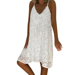 Women Bohemian Lace Sling Dress Spring Summer V Neck Oversized White Dresses Casual Sleeveless Plus Size Beach Dress Vestidos