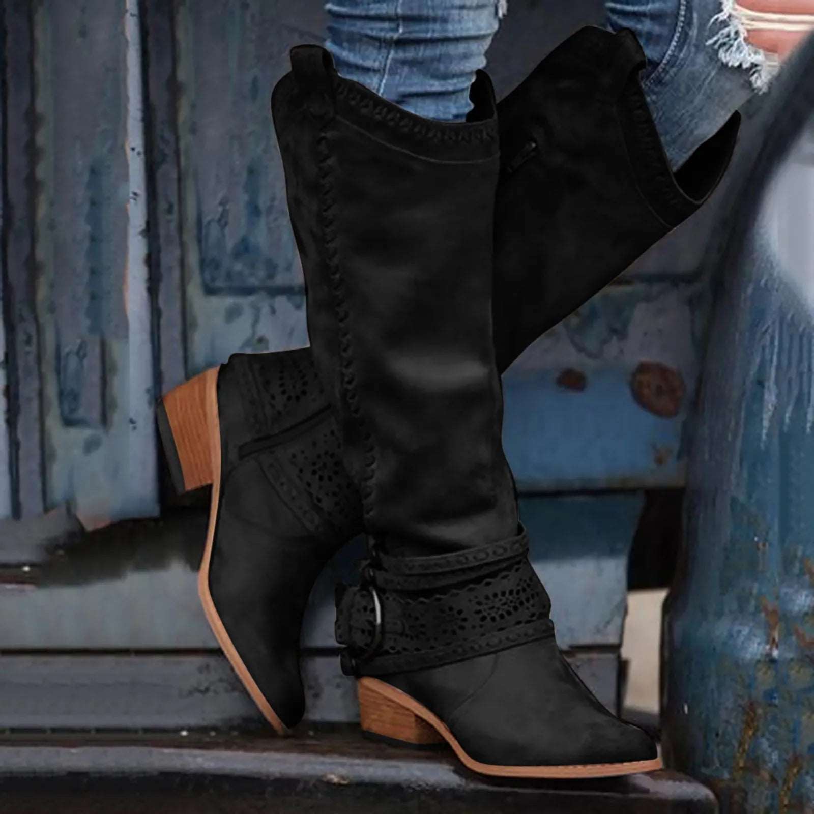 2023 New Western Cowboy Boots Buckle Ladies Low Heel Knee High Boots Retro Hollow Out Shoes Winter Female Shoes