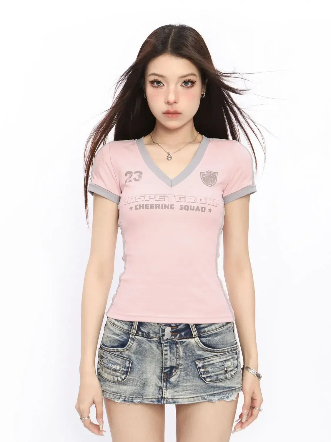 Y2K Patchwork Streetwear T Shirts Women American Retro Letter Design Sexy V-neck Slim Skinny Tee Tops E-girl Sporty Korean Style