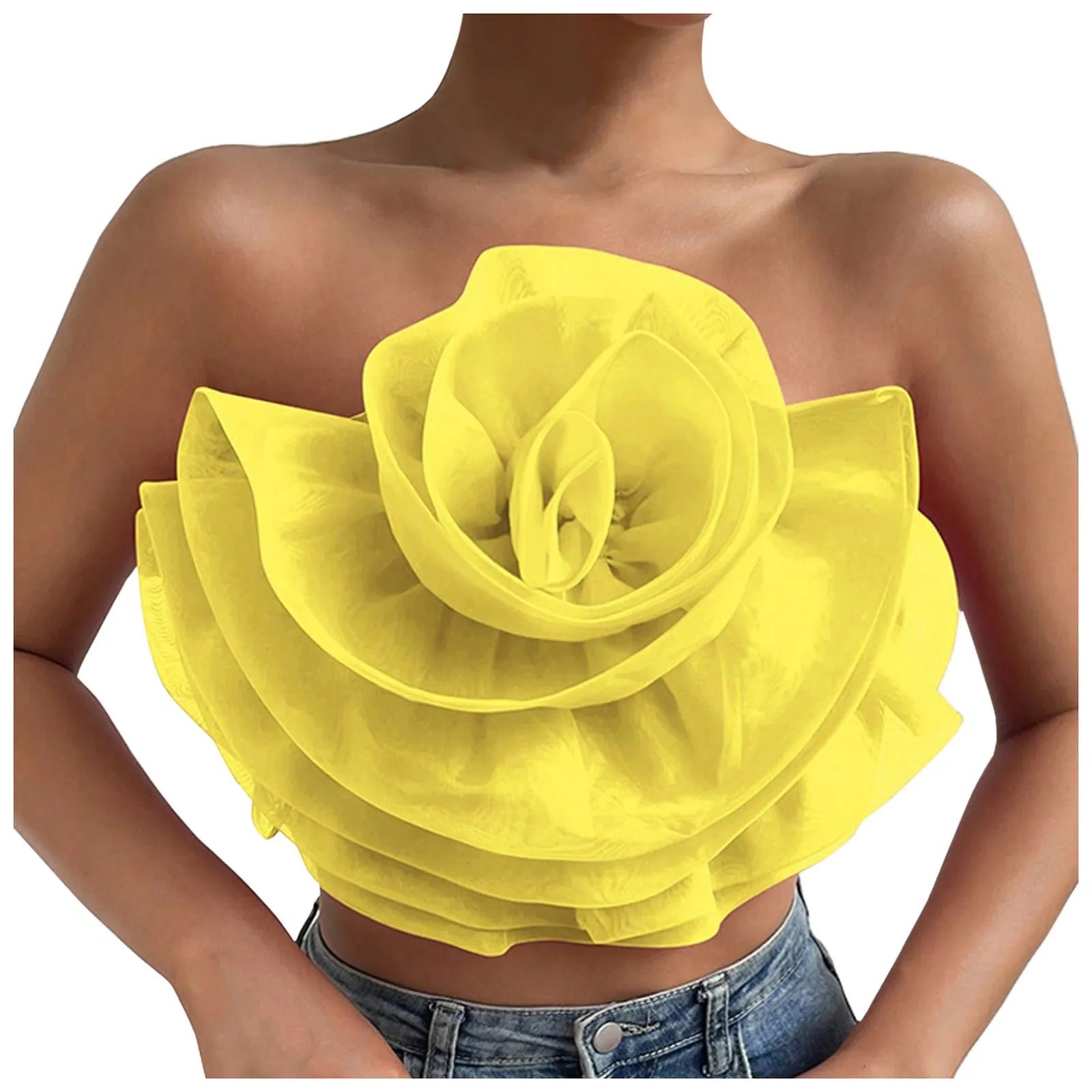 Women's Flower Front Crop Tube Top Sleeveless Strapless Solid Shirred Tops Summer 2024 Chic Trendy Clothes Vest Tank Female Tops