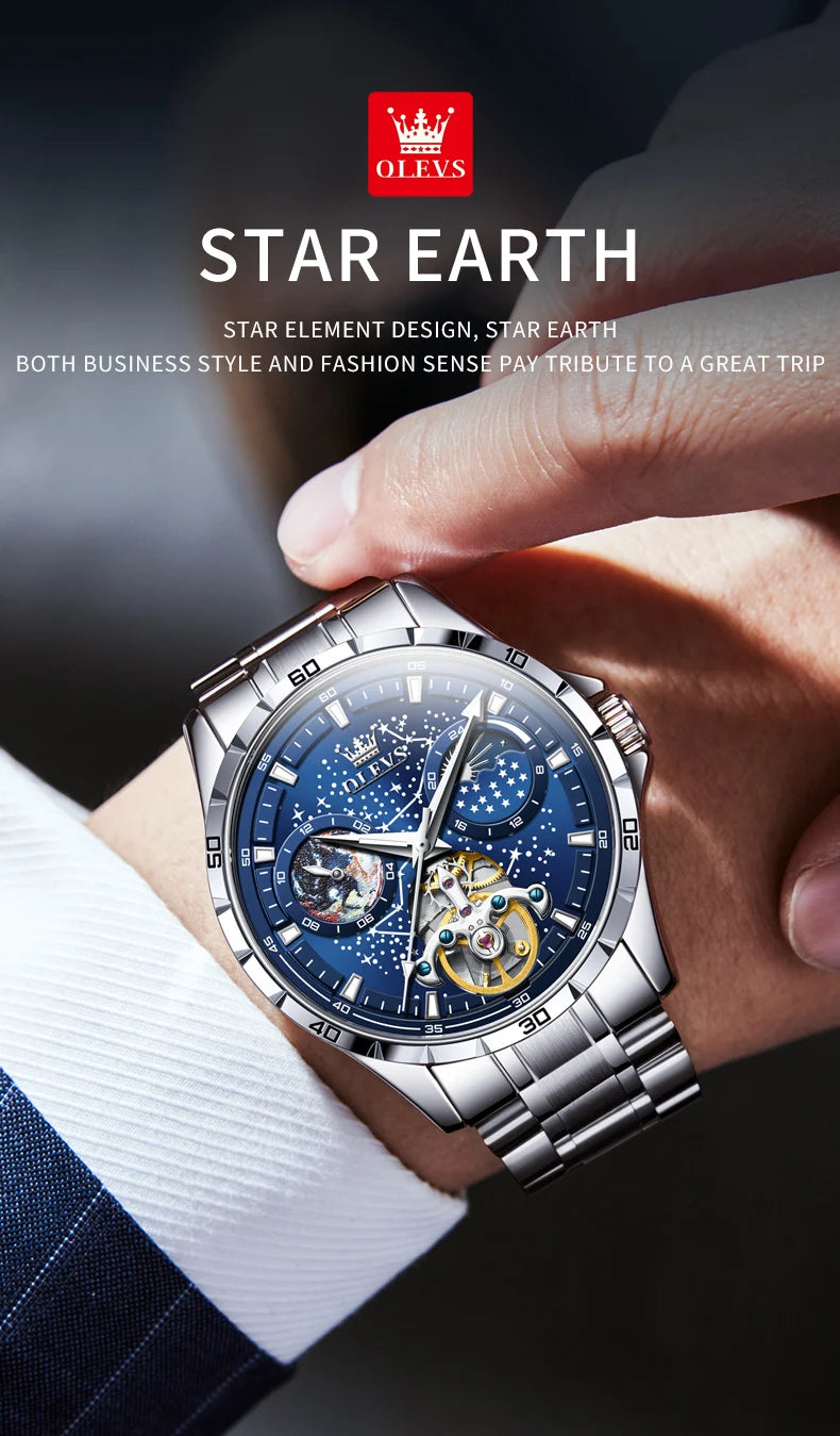 OLEVS Men's Watches Waterproof Multifunctional Luminous Fully Automatic Mechanical Watch Moon Phase Starry Original TOP Brand