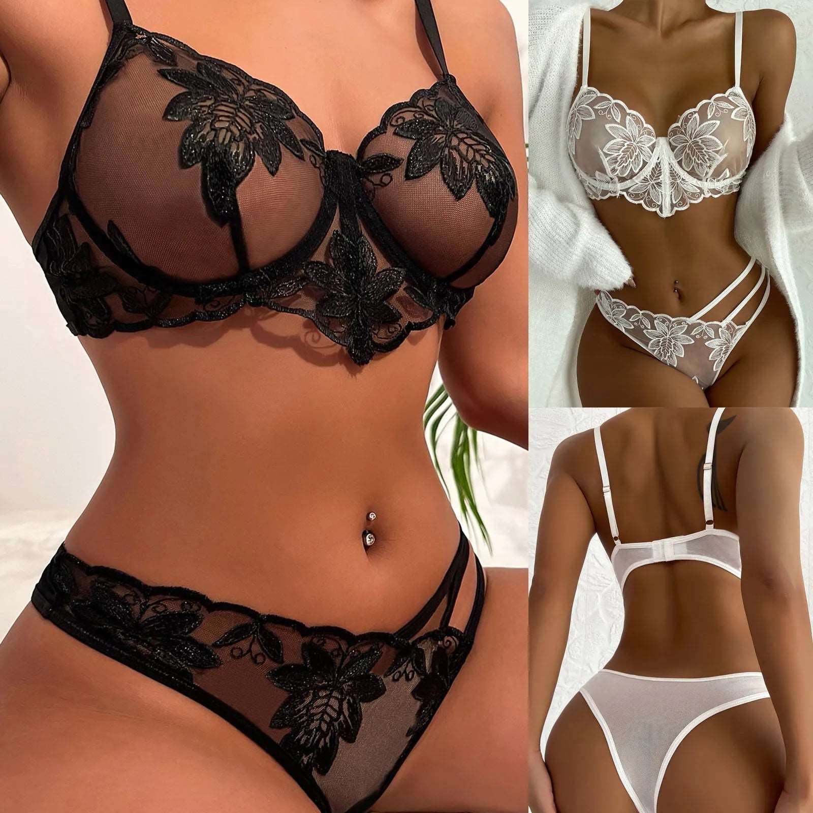 Lingerie Women Sexy Embroidered Underwear Set Lace Lingerie Set Ladies Transparent Bra Set Sexy Porno Solid Babydoll Underwear