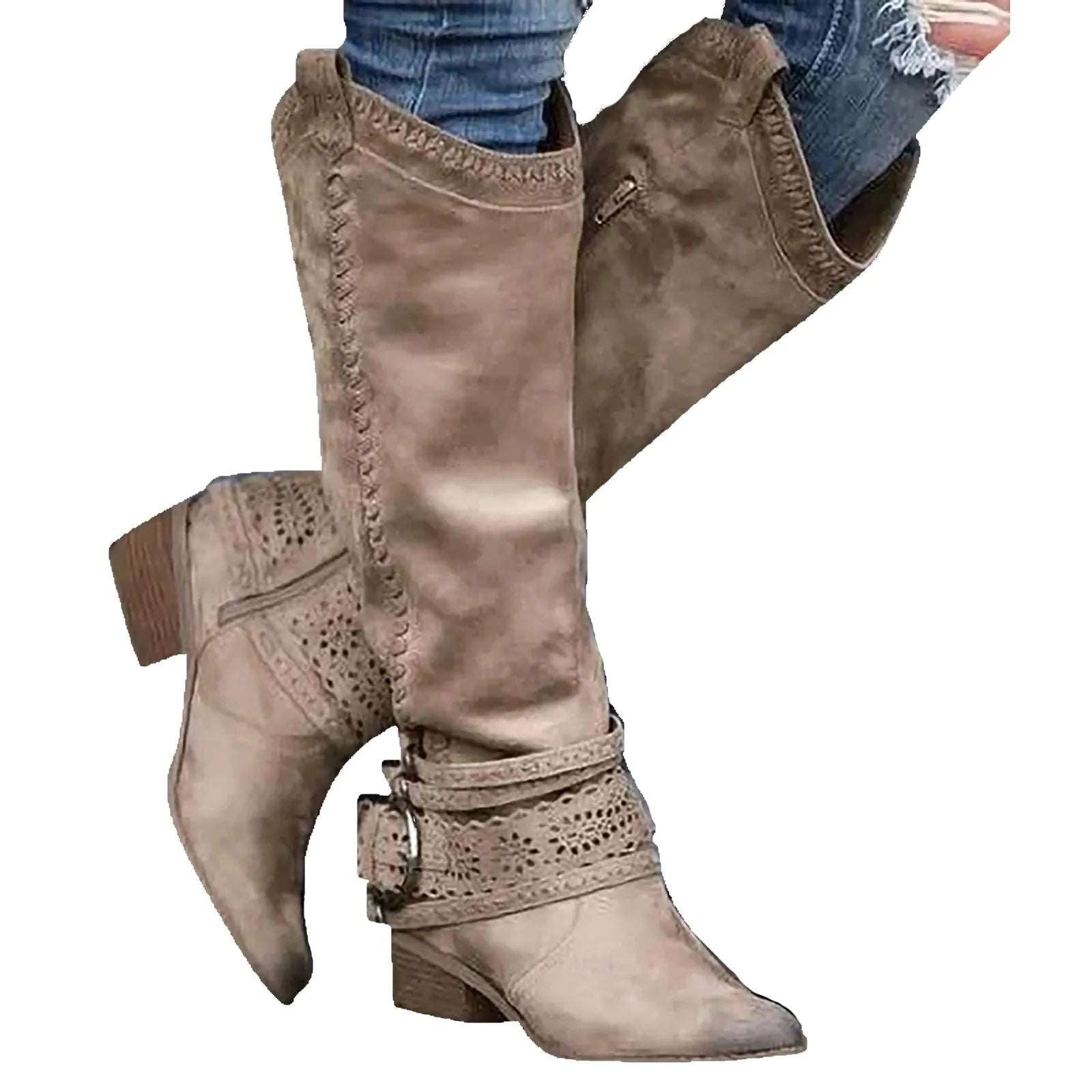 2023 New Western Cowboy Boots Buckle Ladies Low Heel Knee High Boots Retro Hollow Out Shoes Winter Female Shoes