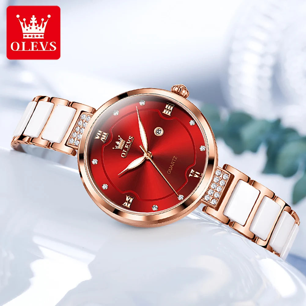 OLEVS Original Watch for Women Ceramic Stainless steel Strap Luxury Brand Elegant Ladies Watch Women's Bracelet Wristwatch Set