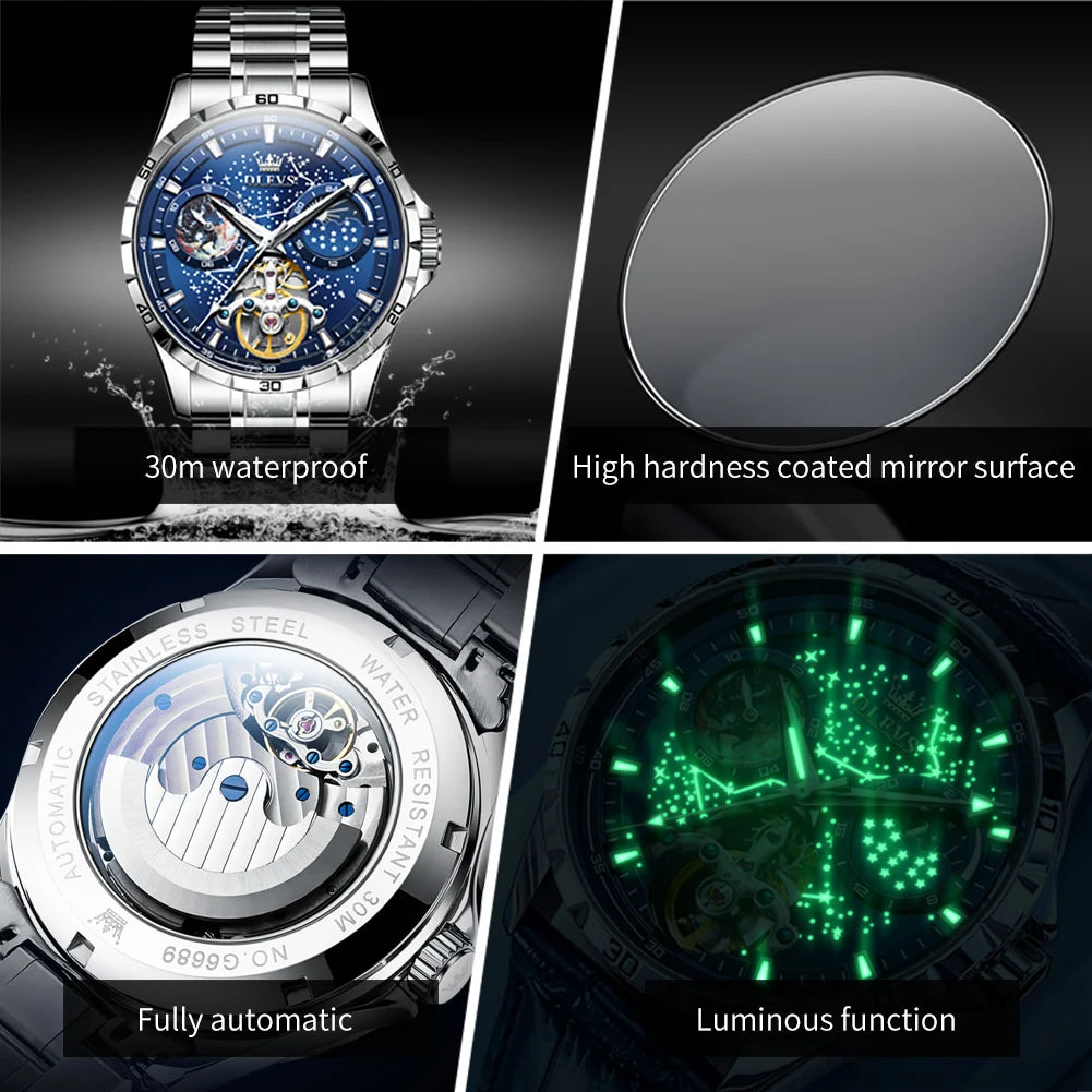 OLEVS Men's Watches Waterproof Multifunctional Luminous Fully Automatic Mechanical Watch Moon Phase Starry Original TOP Brand