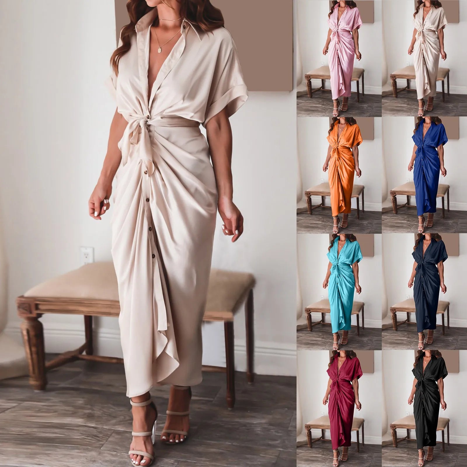 Formal Dresses For Wedding Guest Short Sleeve Long Dress Temperament Commuting High Waist Button Dress vestidos de graduación