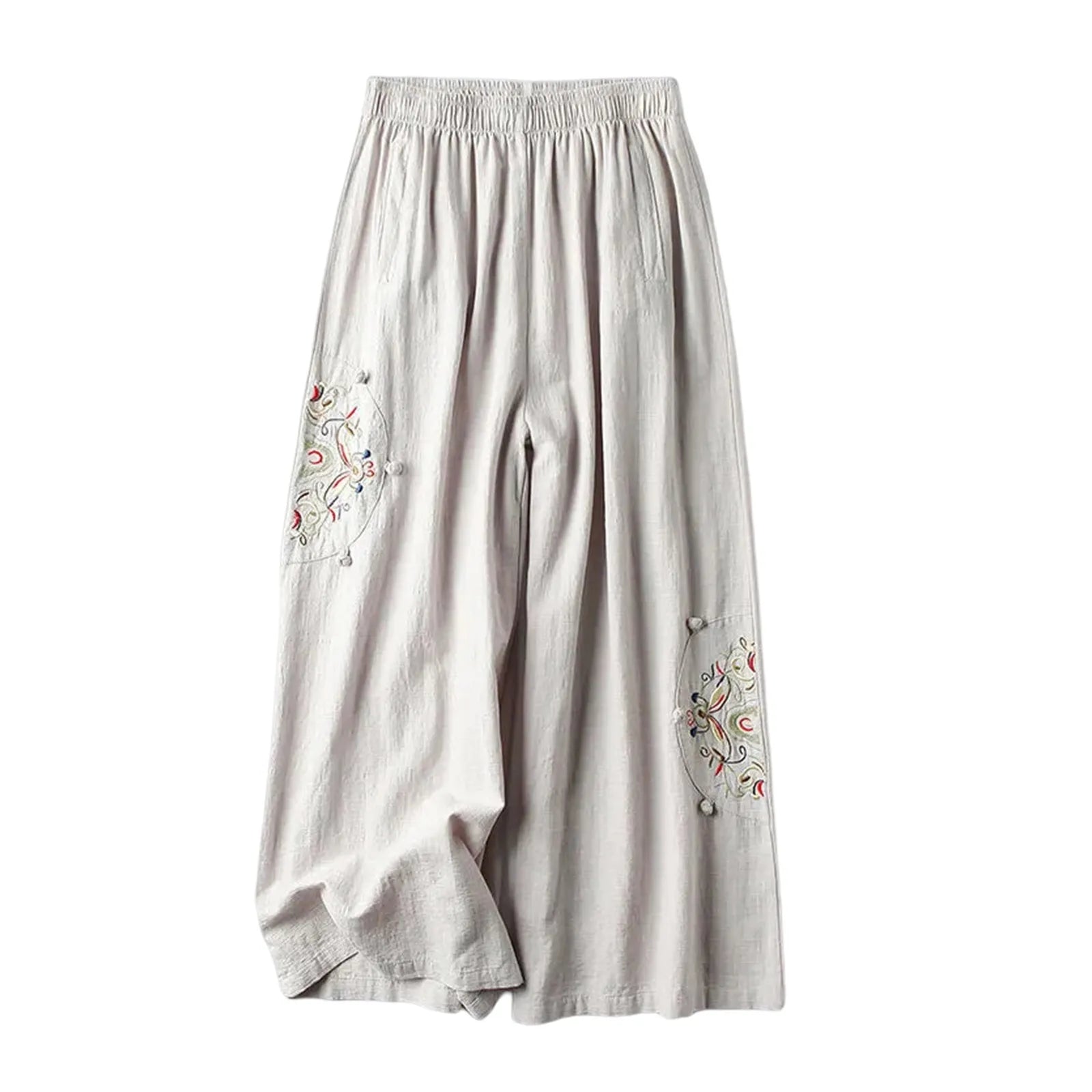 Women Ethnic Style Casual Pants For Women Embroidered Elastic Waist Wide Leg Trousers Women Pantalones Cotton Linen Culottes