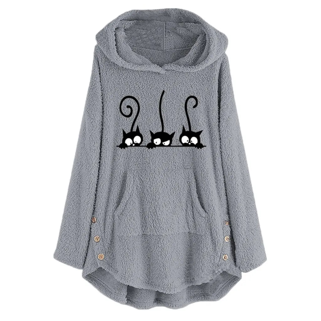 Cardigan Womens Fleece Cat Embroidery Plus Size Warm Oversized Hoodies Top Button Sweater Blouse Autumn/Winter Loose Jumper