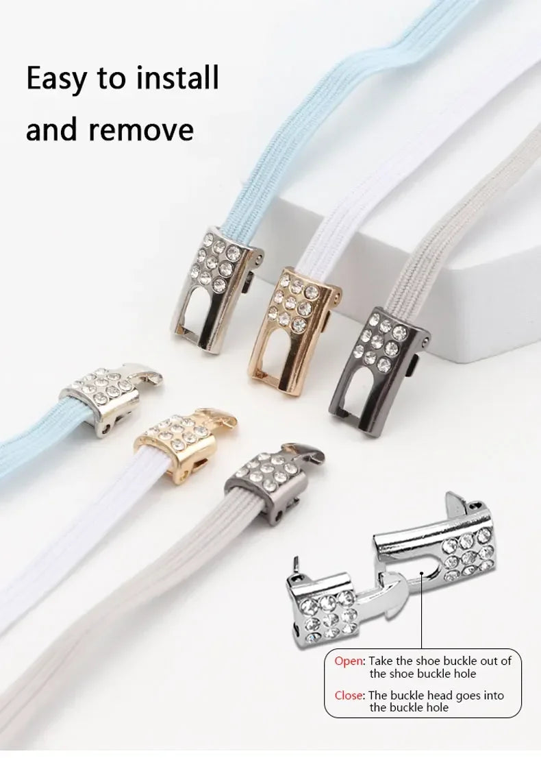 Fashion Flat Shoe Laces Suitable for Sneakers Elastic No Tie Shoelaces Rhinestone Cross Lock Tieless Shoelace and Athletic Shoes