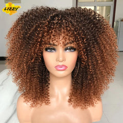 Kurze Afro-Lockenperücke mit Pony, synthetische, afrikanische, kleberlose, flauschige, schwarze, Ombre-braune, lockige Damenperücken