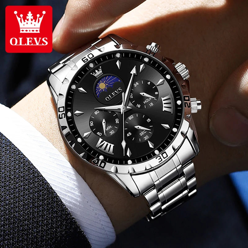 OLEVS 2949 Original Men's Watches Exclusive Design Chronograph Moon Phase Waterproof Leather strap Trend Male Wristwatches