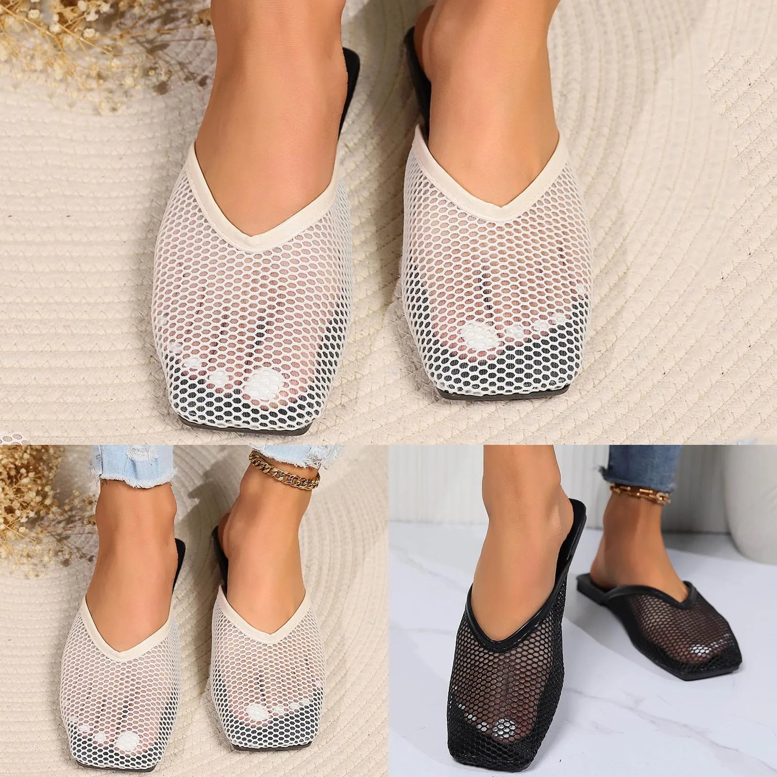 Sandals Women Dressy Flats Non Slip Slippers Summer Net Cloth Overhead Sandals Hollow Out Mesh Breathable Shoes Slippers