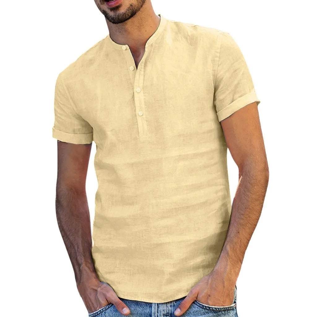 Mens Pullover Linen Shirts Short Sleeve Summer Breathable Mens Button V Neck Casual Henley Shirt Slim Fit Solid Cotton Shirts