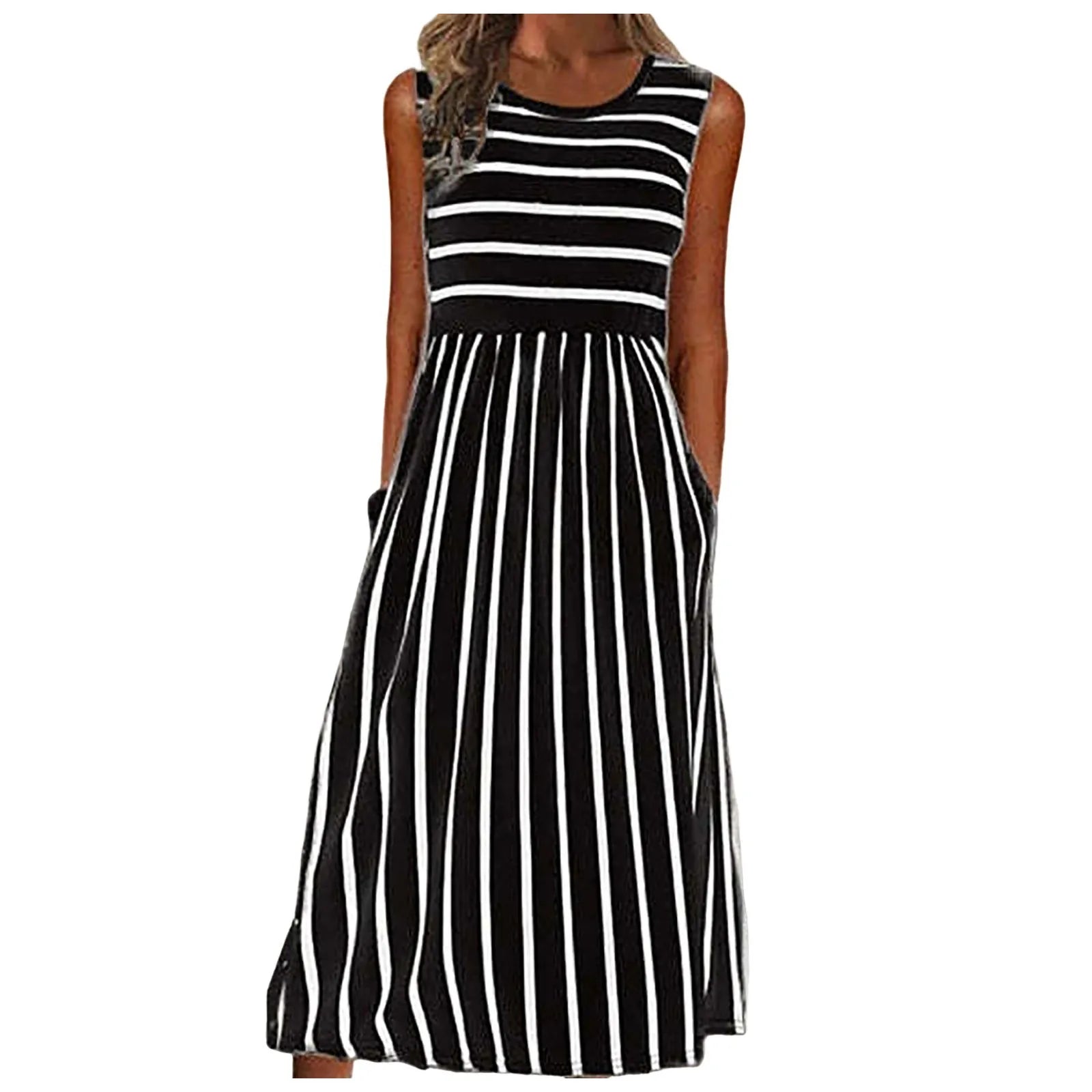 Womens Dresses Women Fashion Casual Striped Print Round Neck Sleeveless Pocket Long Dress Vestidos De Fiesta Elegantes 2024