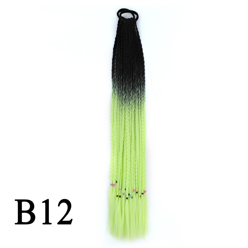 Synthetic 24 Inch Long Colored Box Braids Hair Ponytail With Rubber Bands Rainbow Twist Braided Highlights Ponytail For Women