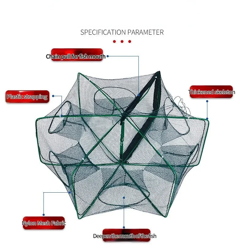 Fischernetz Mesh gefaltet Sechseck Achteck 6/8 Löcher Fisch Garnelen automatische Falle Krebse Catcher Fisch Netzwerk Köder gegossen Mesh Falle