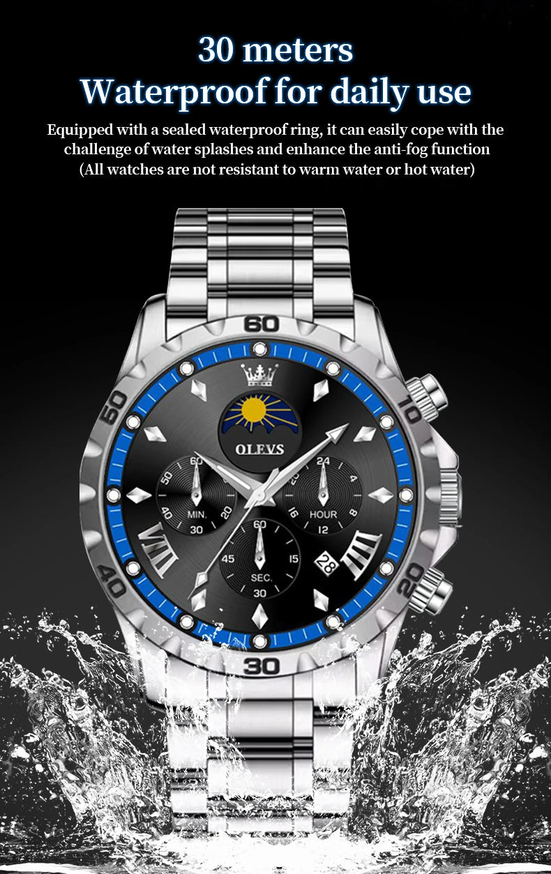 OLEVS Fashion Brand Men's Watch Waterproof and Luminous Calendar Lunar Phase Timing Code Watch Luxury Sports Men's Quartz Watch