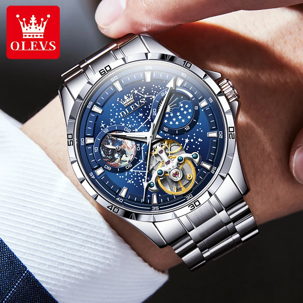 OLEVS Men's Watches Waterproof Multifunctional Luminous Fully Automatic Mechanical Watch Moon Phase Starry Original TOP Brand