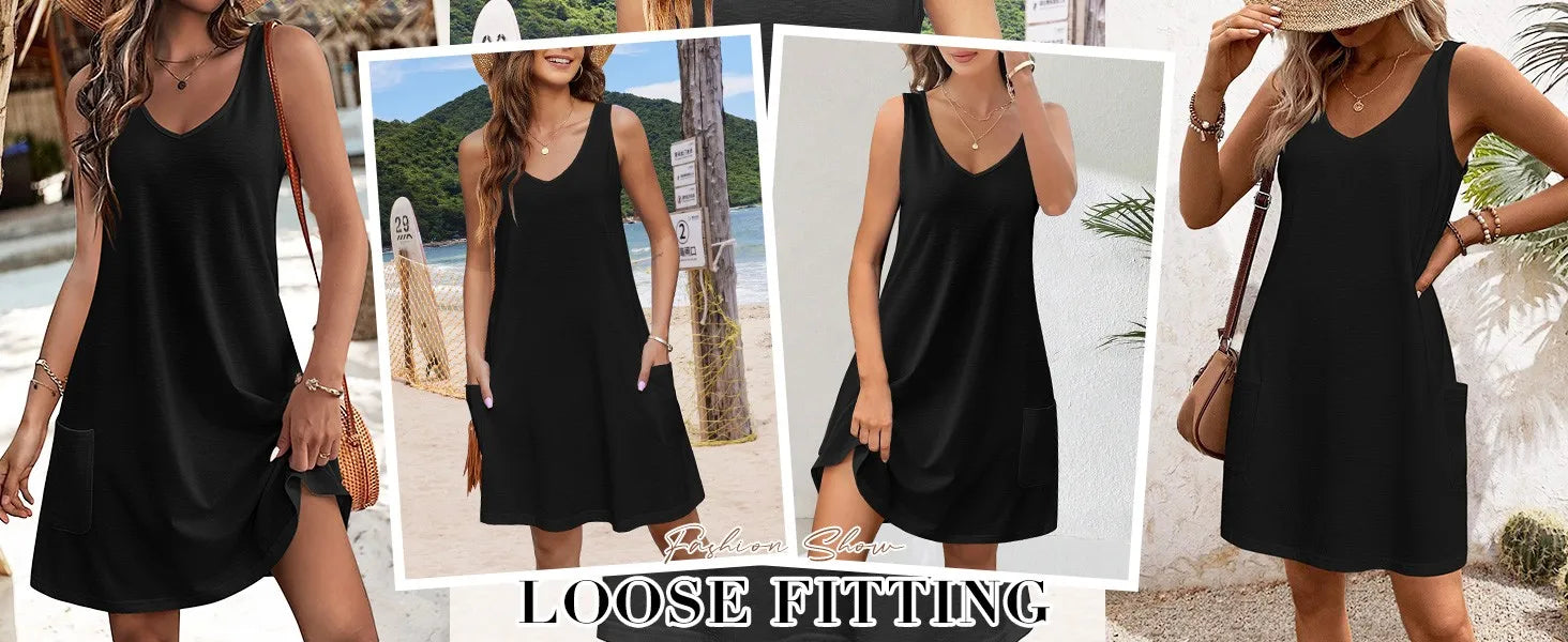 Vestidos Women'S Casual Sundress With Pockets Summer New Camisole Boho Beachwear Sundress Sleeveless V-Neck Loose Dress 2024