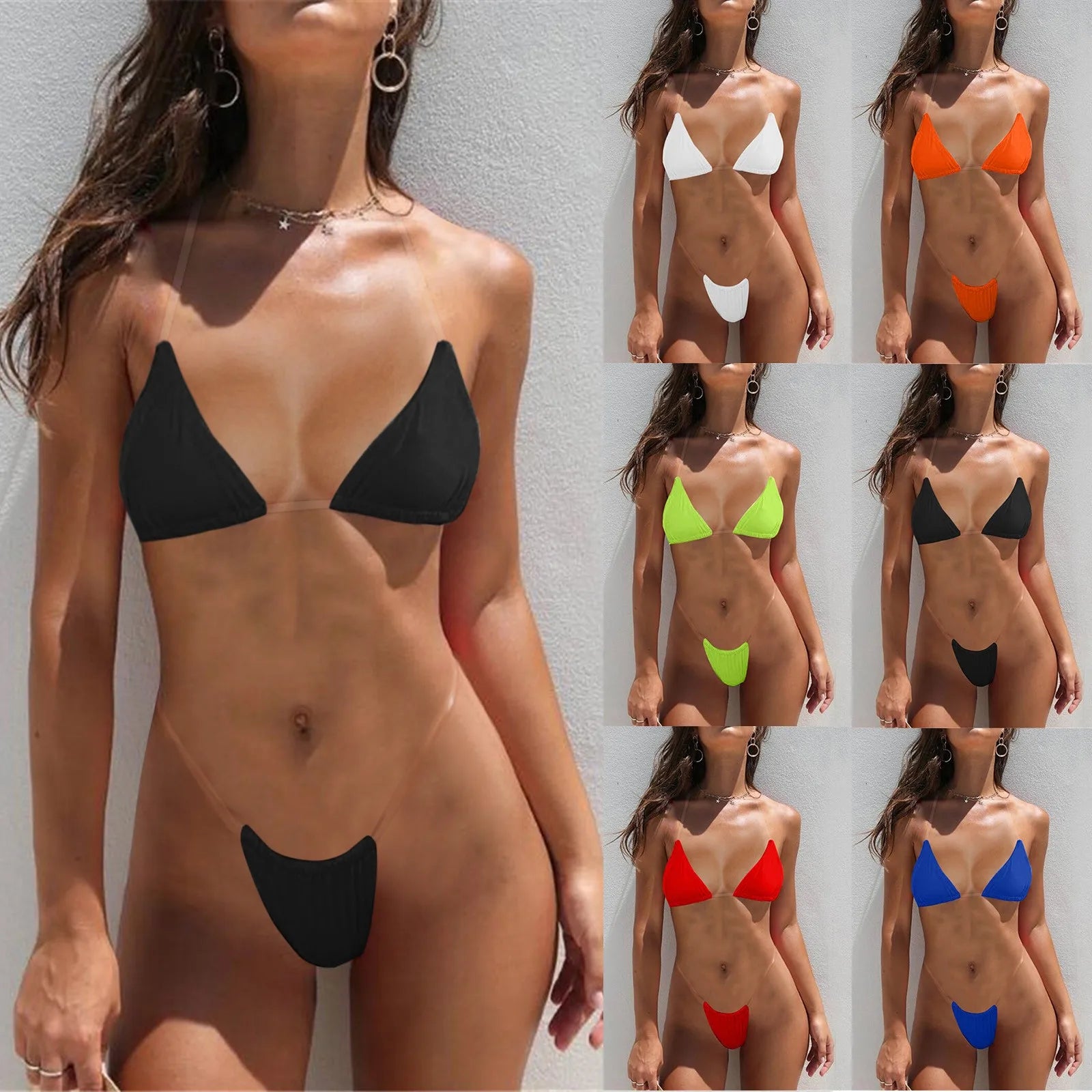 Sexy Women Micro Brazilian Bikini Sets Invisible Transparent Strappy Push Up Swimsuits Summer Beachside Solid Halter Swimwear