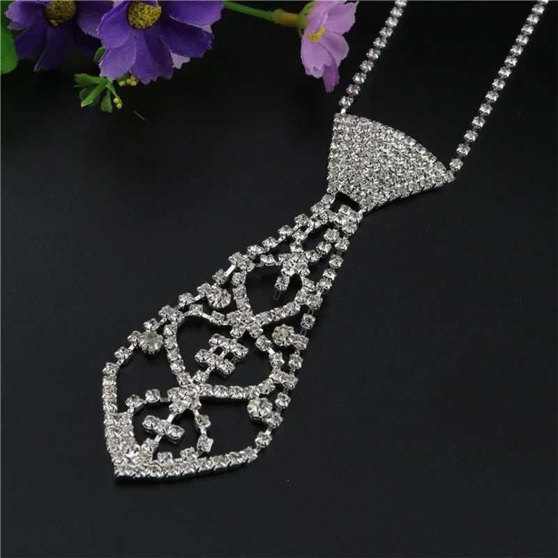 Women Sexy Glitter for rhinestone Necktie with Adjustable Chain Jewelry Necklace