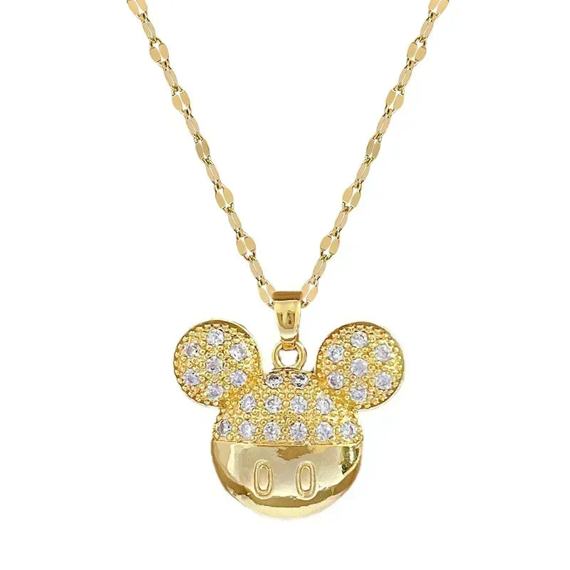 Disney Cartoon Mickey Minnie Mouse Zircon Pendant Necklace for Women Girl Stainless Steel Chain Sweet Gift for Friends Kids