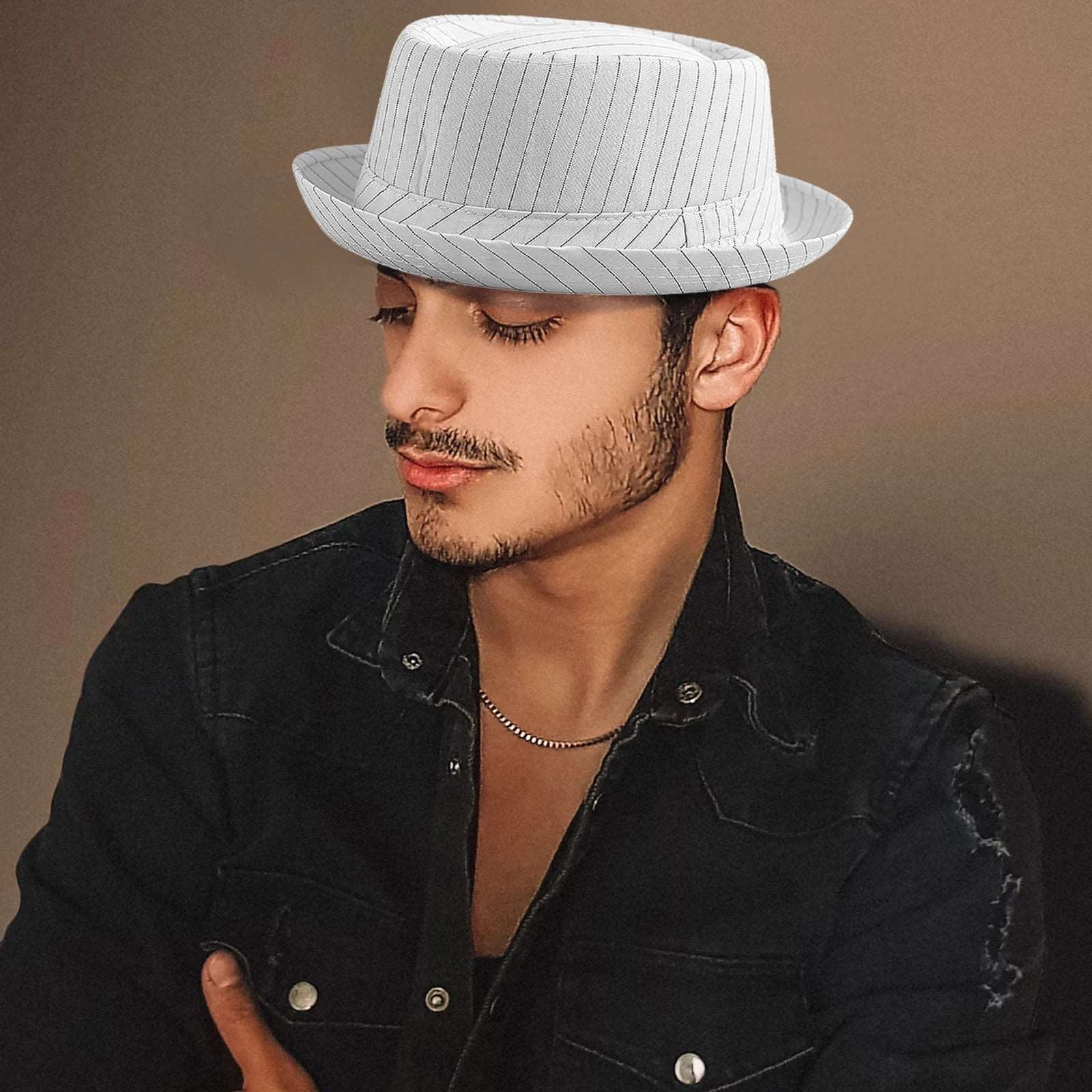 2024 Casual Fashion Men Striped Short Hat Brim Fedoras Classic Neutral Soft Tweed Dress Hat Suitable for Camping and Hiking