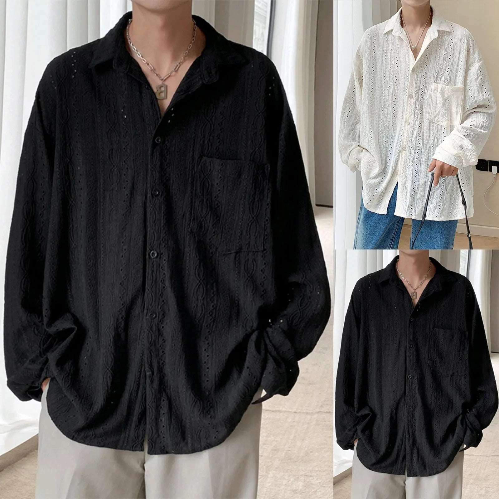 Male Trend Summer Hollow Lapel Shirt Short Sleeve Sexy See Through Shirt Luxury Comfort Brand Male Shirts