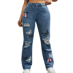 Women's High Waist Button Up Butterfly Print Jeans Fashion Casual Straight Pants for Women Spring Summer 2024 Chic Ripped Jeans