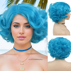 Synthetic Blue Wigs Cosplay Halloween Party Carnival Use Short Curly Wig for Women Natural Fluffy Hair Side Parting Hairstyle
