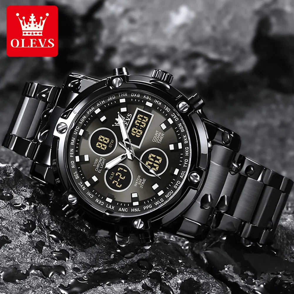 OLEVS Original Brand Men's Watches Waterproof Trendy Electronic Watch Multifunctional LED Luminous Fashion Stainless Steel