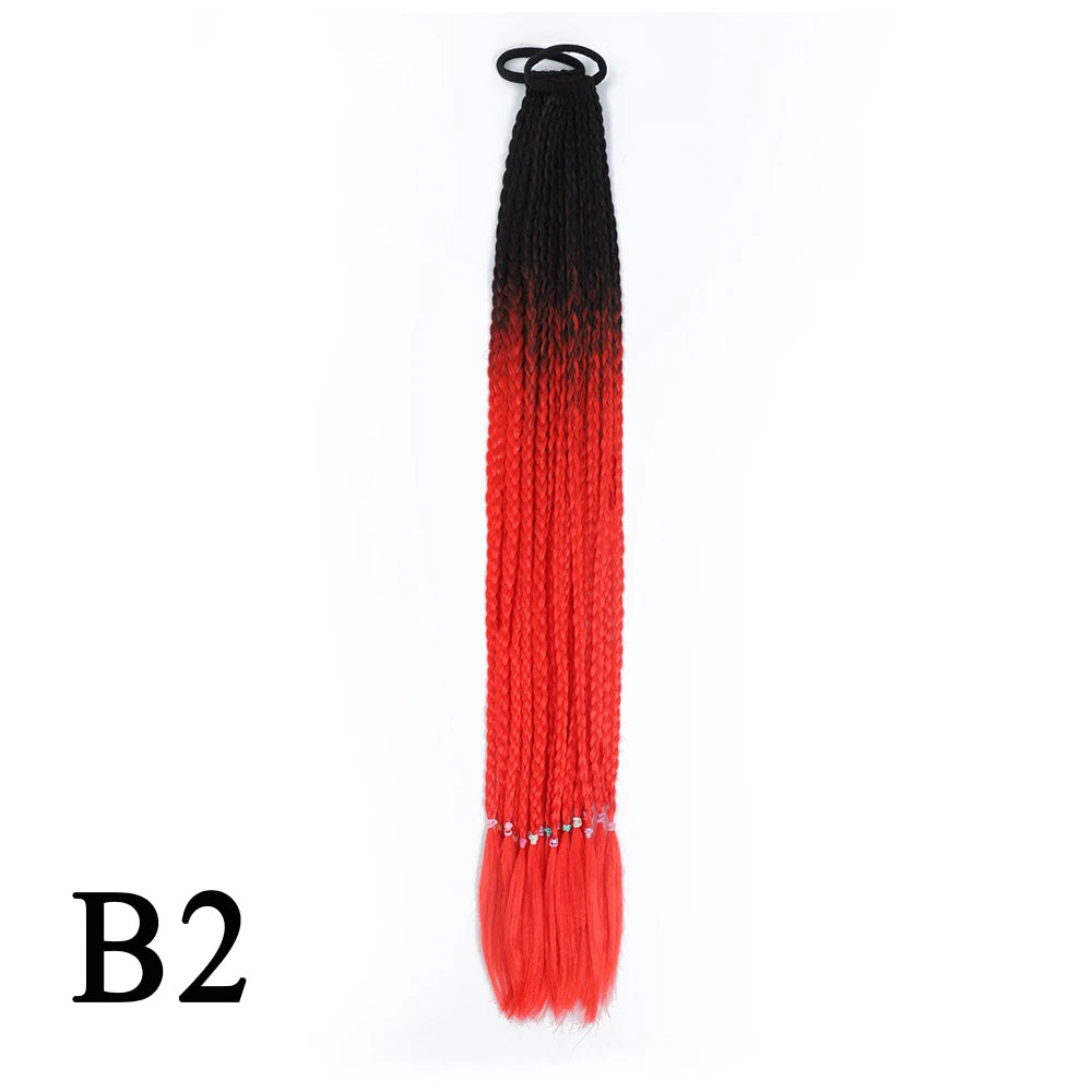 Synthetic 24 Inch Long Colored Box Braids Hair Ponytail With Rubber Bands Rainbow Twist Braided Highlights Ponytail For Women