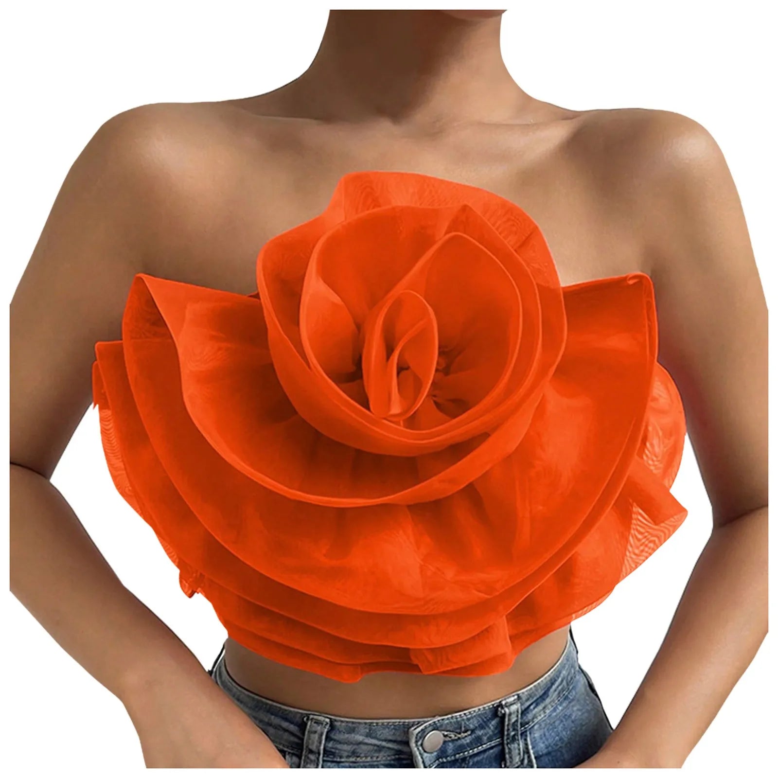 Women's Flower Front Crop Tube Top Sleeveless Strapless Solid Shirred Tops Summer 2024 Chic Trendy Clothes Vest Tank Female Tops