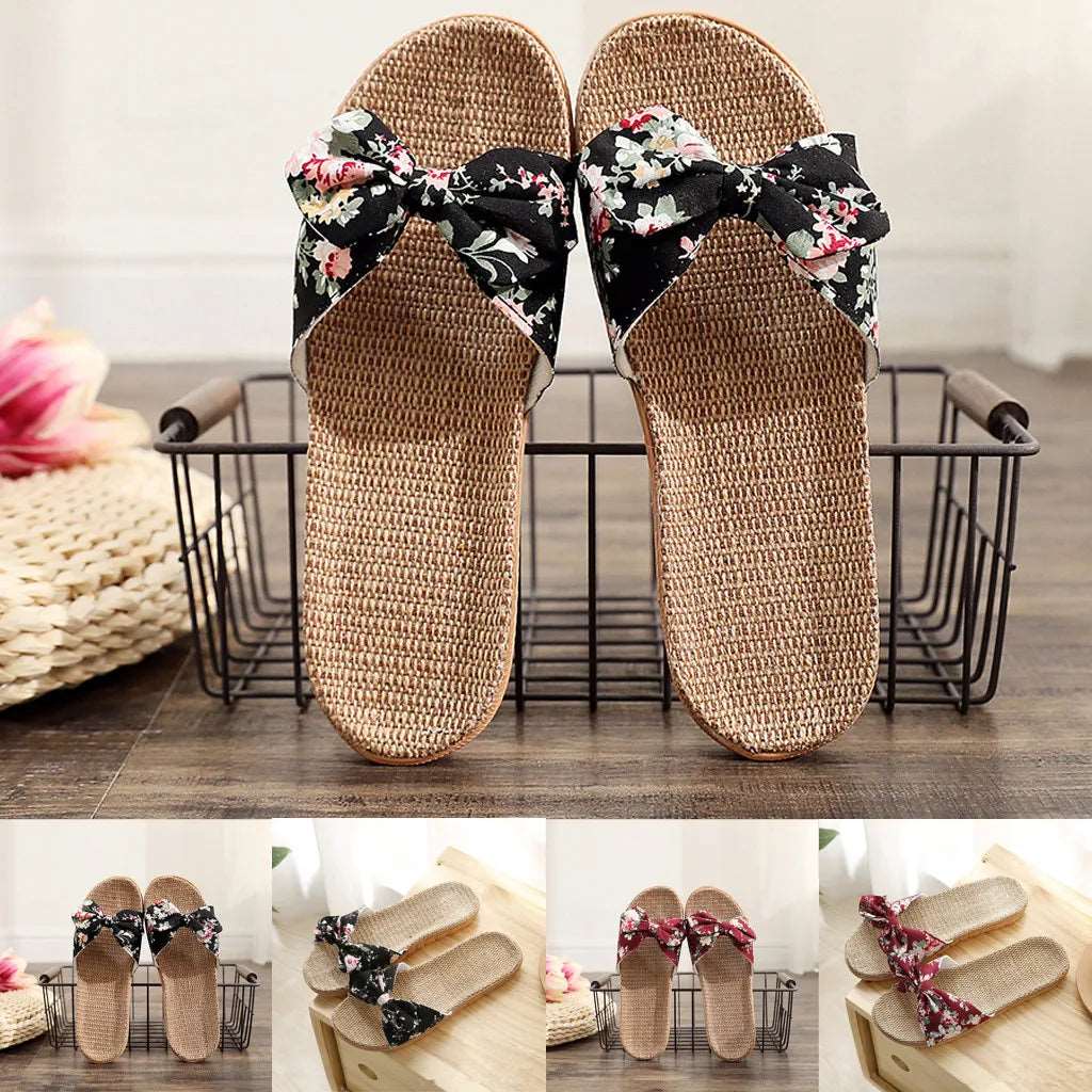 2024 Women Slippers Flip Flops Female Bowknot Sweet Shoes Flax Beach Linen Slippers Shower Quick Drying Leisure Ladies Slippers