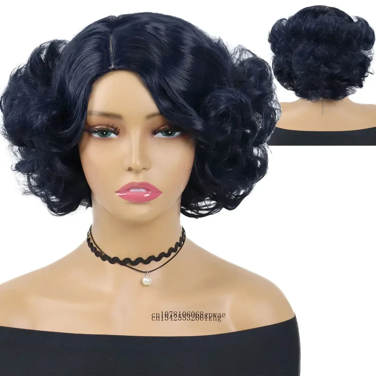 Synthetic Blue Wigs Cosplay Halloween Party Carnival Use Short Curly Wig for Women Natural Fluffy Hair Side Parting Hairstyle