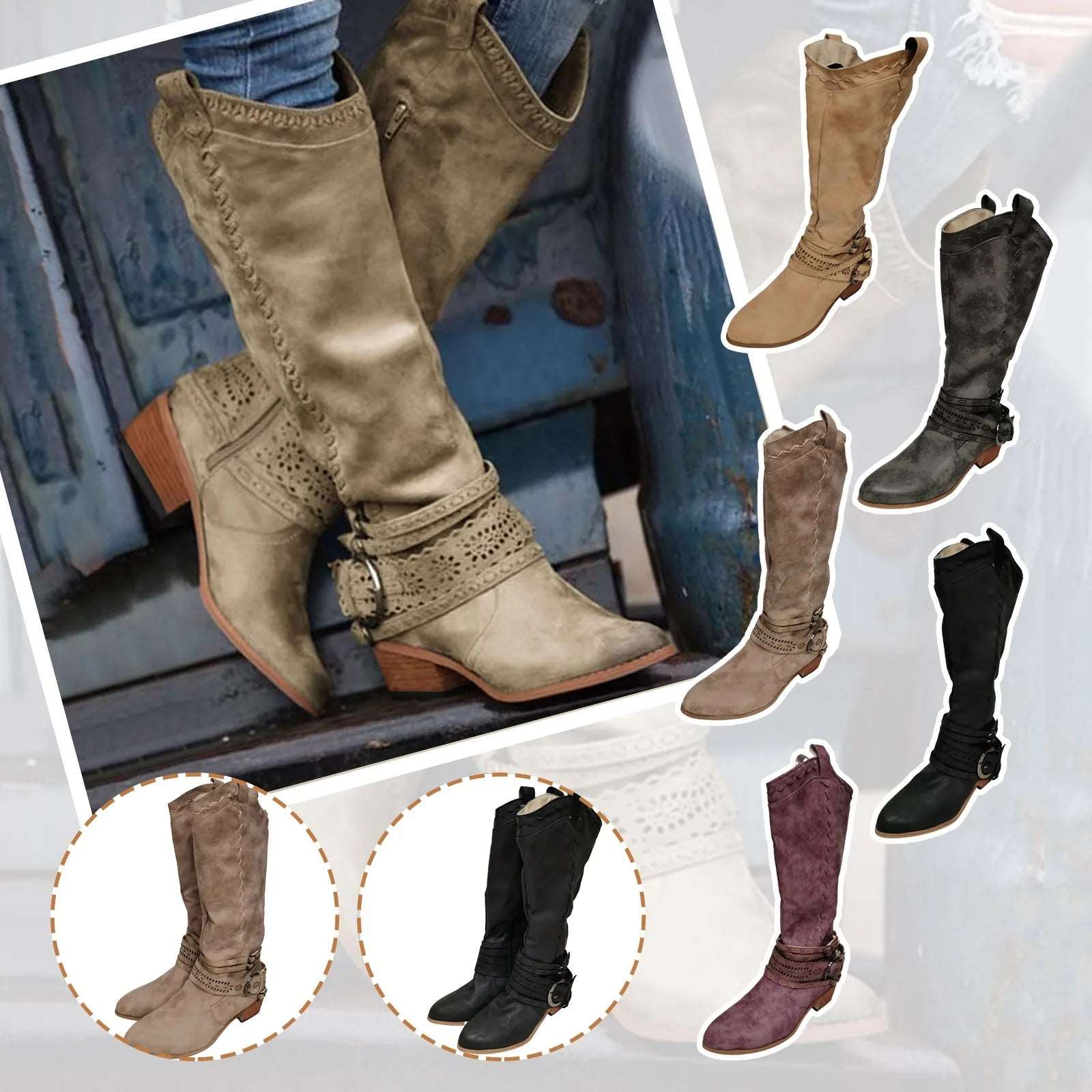 2023 New Western Cowboy Boots Buckle Ladies Low Heel Knee High Boots Retro Hollow Out Shoes Winter Female Shoes