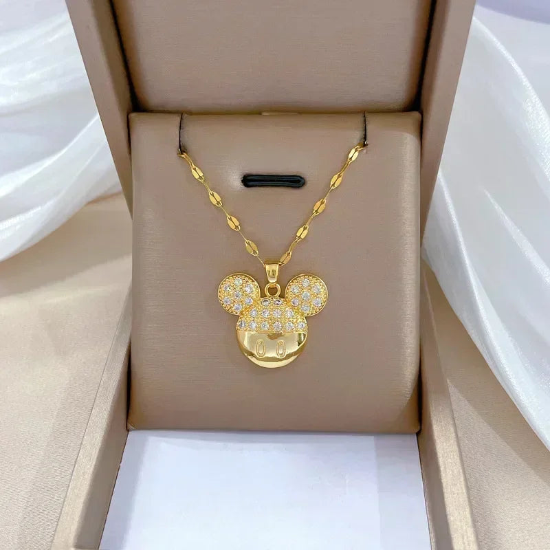 Disney Cartoon Mickey Minnie Mouse Zircon Pendant Necklace for Women Girl Stainless Steel Chain Sweet Gift for Friends Kids