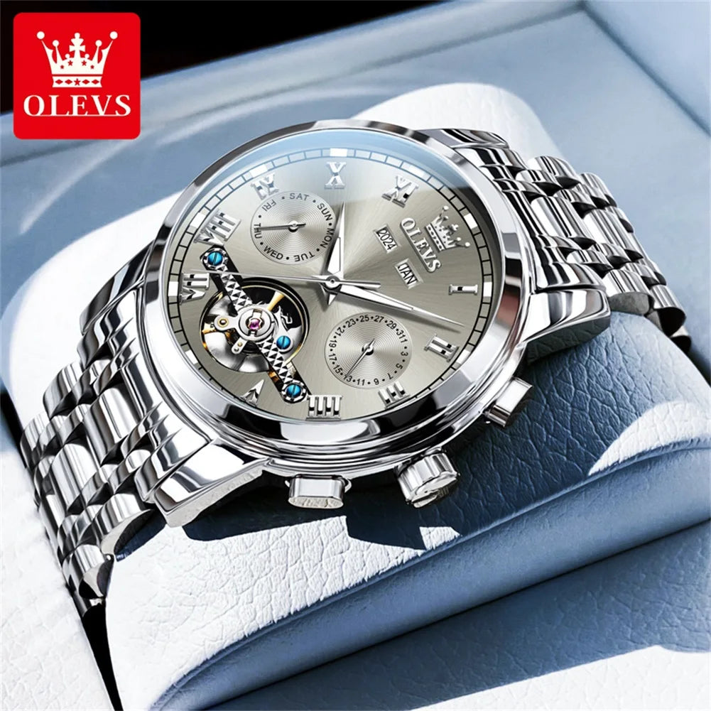 OLEVS Brand Automatic Mechanical Men Watches Waterproof Stainless Steel Strap Watch for Man Skeleton Calendar Hollow out Design