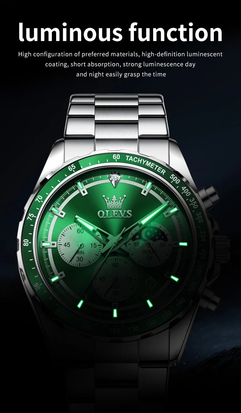 OLEVS 2945 Men's Watch High Quality Multi functional Luminous Moon Phase Chronograph Trendy Luxury Brand Diving Series Men Watch