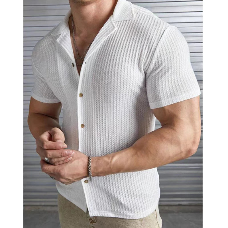 Men's Shirts Summer Turn-down Collar Stirpes Solid Waffle Casal Cardigan Loose Muscle Casual Short Sleeve Shirt For Male Tops